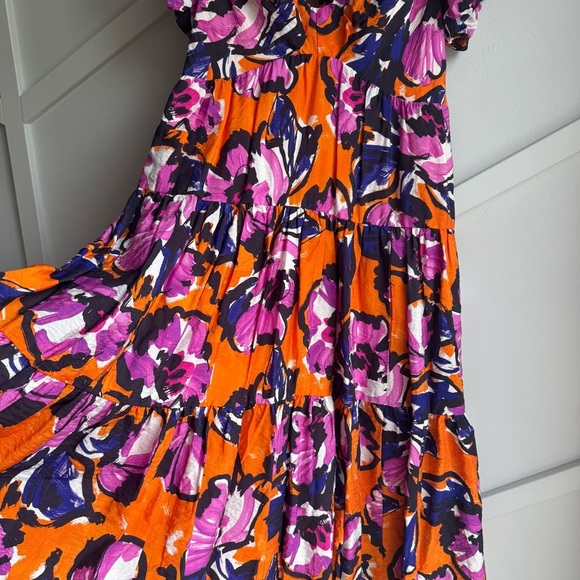 By Anthropologie Puff Sleeve Midi Floral Orange and Purple Dress size S - Picture 7 of 11